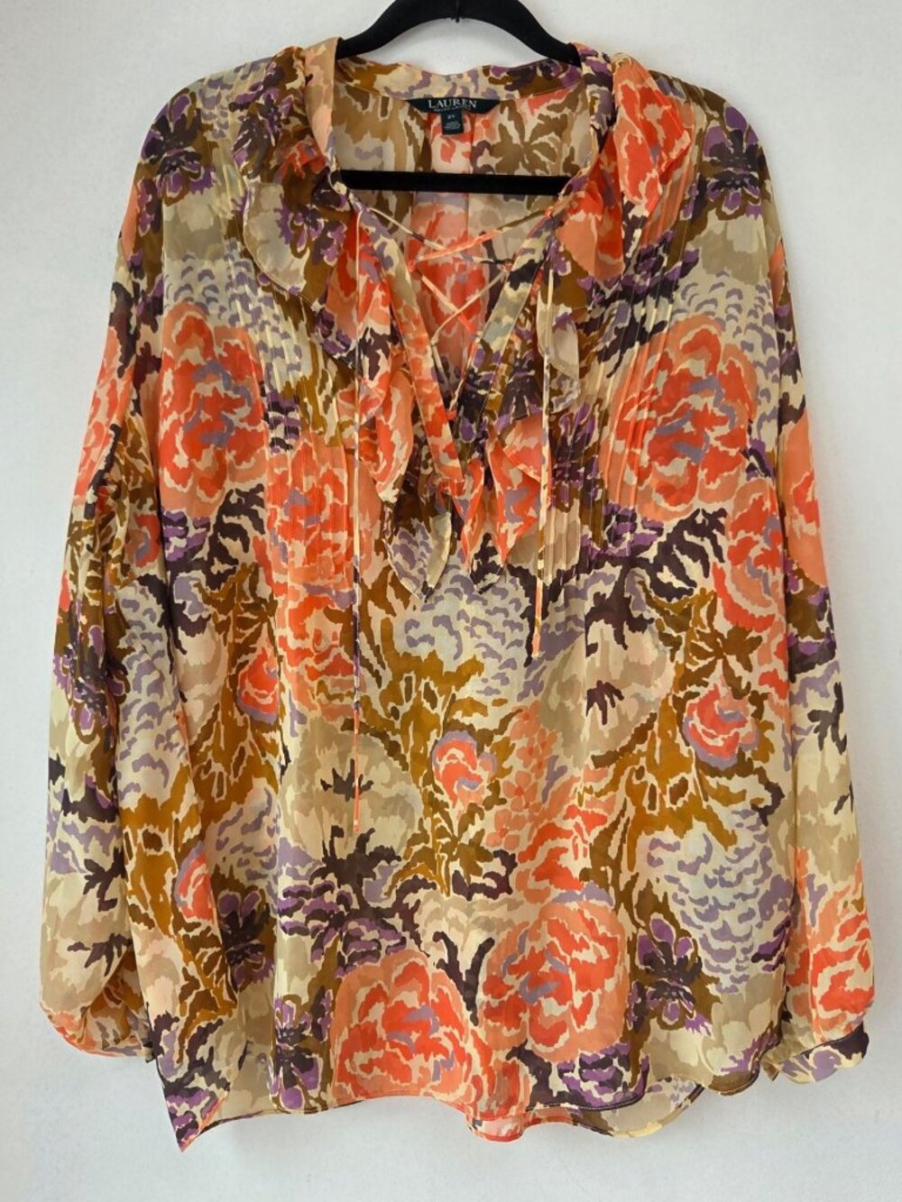 Lauren Ralph Lauren Sheer Floral Chiffon Blouse Top Shirt Coral Orange Size 2X